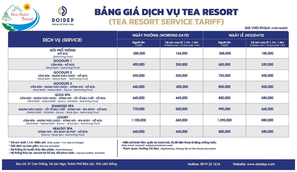 Bảng giá vé tham quan Tea Resort Bảo Lộc 2024