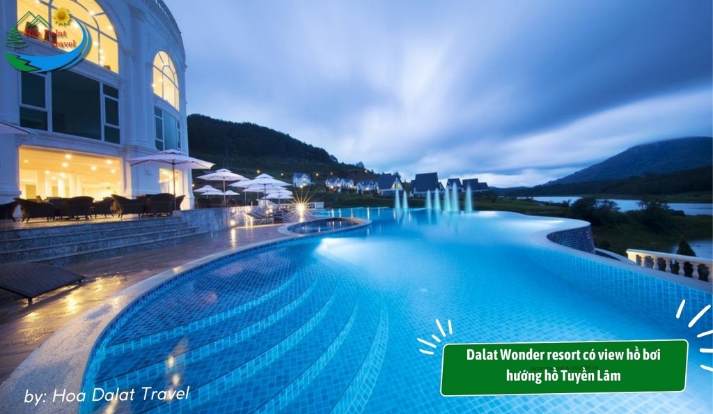 Hồ bơi vô cực tại Dalat Wonder Resort là điểm nhấn với tầm nhìn hướng ra hồ Tuyền Lâm